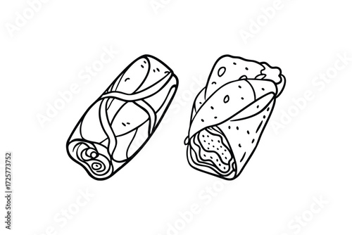Hand drawn black and white illustration of two delicious burritos with filling visible on a white background