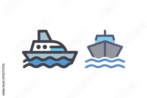 Two stylized cartoon boats floating on wavy blue water with white background vector illustration