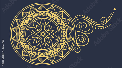 Golden circular ornament with floral and geometric patterns extending into elegant dotted swirls.