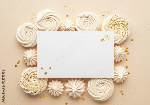 Meringues  gold stars frame blank white rectangle on beige background