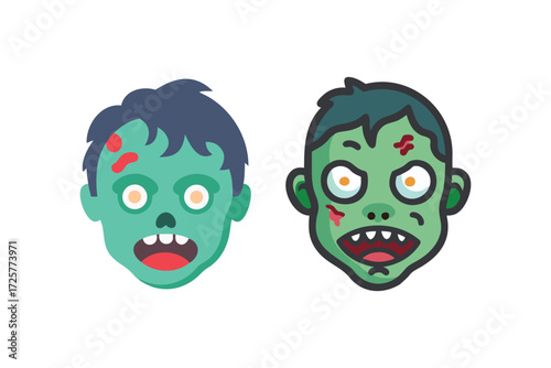 Two cartoon zombie heads with green skin open mouths and vacant eyes appearing menacing and scary