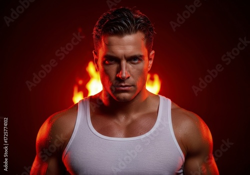 Muscular man in white tank top lit by firelight intense expression