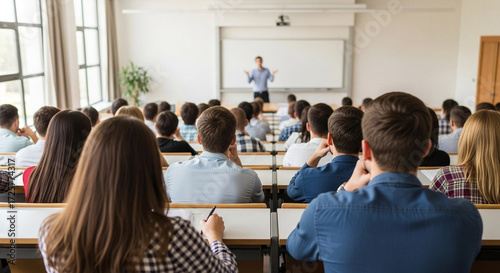 Students listening to a lecture in a large university hall