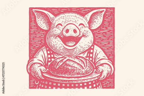 A happy pig baker in an apron holds a fresh loaf of bread. A friendly mascot in a vintage, hand-drawn woodcut or linocut style vector illustration.