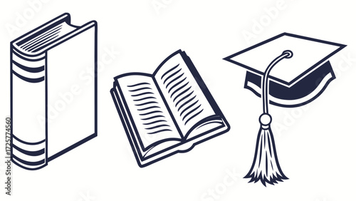 Monochrome vector education icons: closed book open book graduation cap with tassel simple outline style.