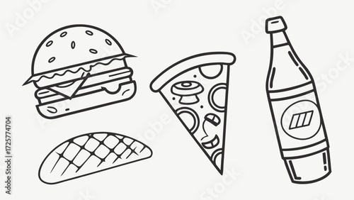 Black and White Line Art of Fast Food Items.