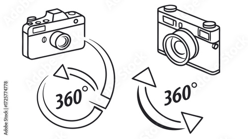 Isometric line art classic cameras black outline with 360-degree rotation arrows depicting panoramic photography.