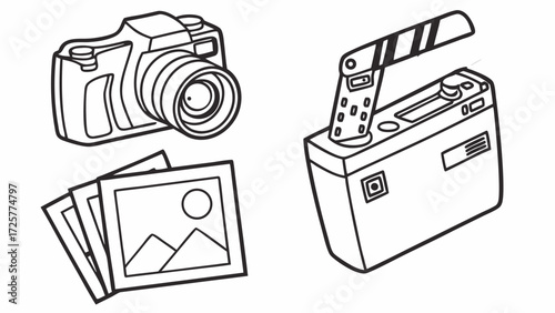 Line Art Illustration of a DSLR Camera Film Clapperboard and Stack of Photos.