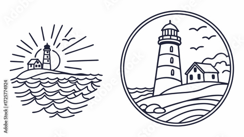 Two Line Art Illustrations of Coastal Lighthouses with Houses and Ocean Waves.