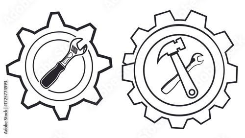 Set of two black and white gear icons with repair tools a wrench and a crossed hammer and spanner.