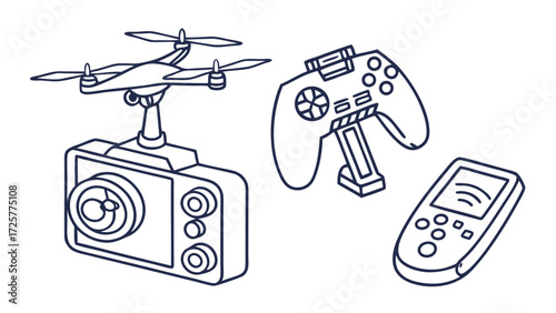 A line art illustration set of a quadcopter drone with camera a gamepad and a remote control.