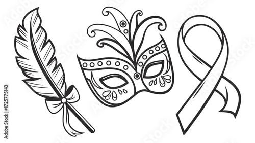 Black Outline Vector Illustrations of Feathered Quill Ornate Carnival Mask and Awareness Ribbon.