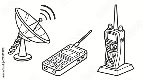 Communication Devices: Satellite Dish Walkie-Talkie and Radio.