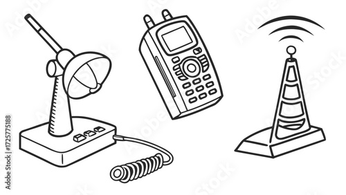 Hand-drawn set of retro communication devices including a walkie-talkie radio tower and satellite phone base.