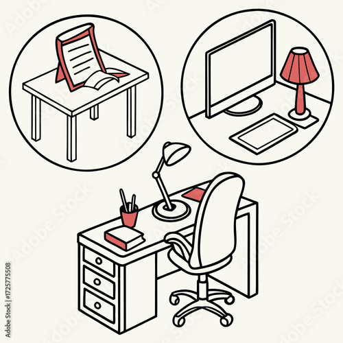 Isometric Office Desk Setup with Computer Lamp Book and Chair Illustration.