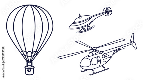 Line Art Illustration of Hot Air Balloon and Two Helicopters.