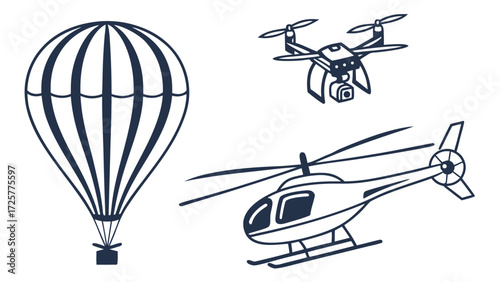 Stylized monochrome icons of air transport: hot air balloon quadcopter and helicopter.
