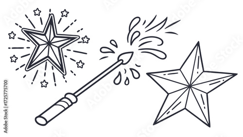 Stylized Magic Wand Casting Spell with Radiant and Geometric Five-Pointed Stars Line Art.