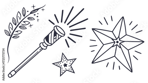 Whimsical Hand-Drawn Magical Wand and Sparkling Stars Illustration.