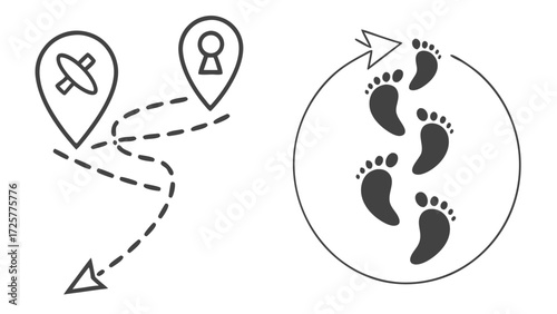Set of monochrome line art icons for navigation showing a GPS route map and a circular walking path with footprints.