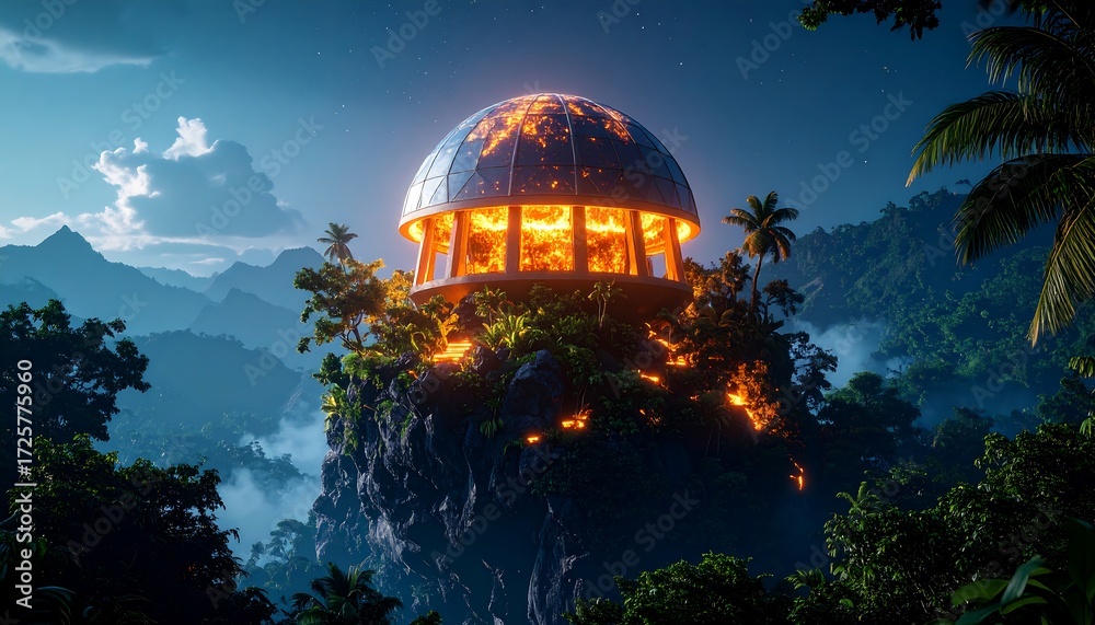 Obraz premium Glowing Dome Structure Atop Tropical Island Cliffside at Night