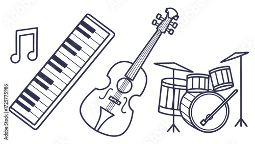 Outlined Musical Instruments: Piano Violin Drums and a Note.