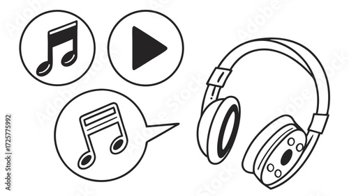 Monochrome doodle music notes play button and over-ear headphones vector illustration with thick outlines.
