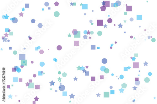 Scattered pastel geometric shapes and stars on white background abstract