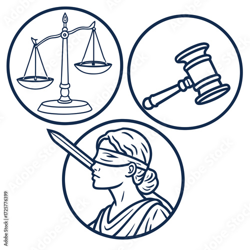Three circular blue line art icons representing law and justice: Lady Justice scales and a gavel.