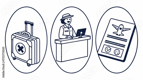 A set of three minimalist line art icons depicting air travel airport staff and health-related travel documents.