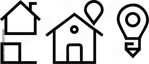 Minimalist Black Outline Icons: Home with Chimney House with Location Pin Lightbulb Marker.