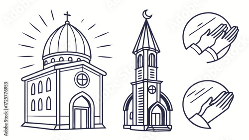 A collection of religious line art icons featuring a domed church a mosque and praying hands.