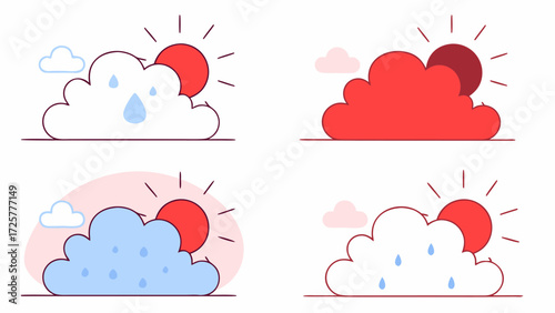 Stylized Weather Icons: Sun Clouds and Raindrops.
