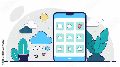 Modern smartphone displaying a weather forecast app with colorful flat design icons like sun clouds and rain.