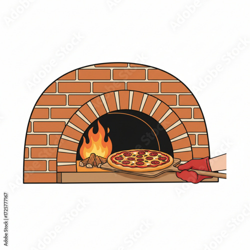A hot pizza is being baked in a traditional brick oven with a wood fire inside.