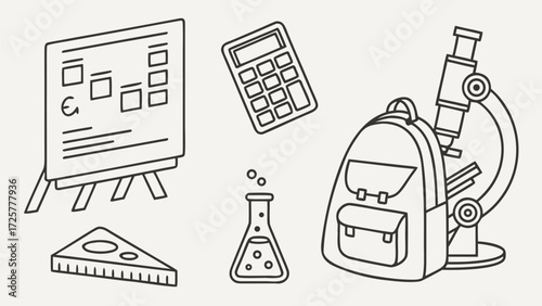 School Supplies Line Art: Easel Calculator Backpack Microscope Flask Ruler.
