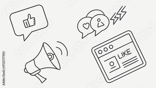 Minimalist Social Media Engagement and Digital Marketing Line Art Icons Set.