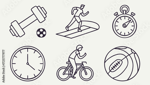Simple Line Art Icons of Fitness Sports and Time.