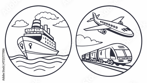 Set of black and white line art icons depicting various transportation modes: ship airplane and train.