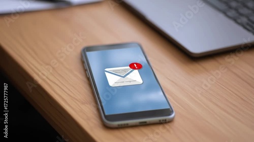 4K close-up of smartphone on wooden desk showing new email notification icon, concept of communication, technology, business, digital marketing, and online messaging alert