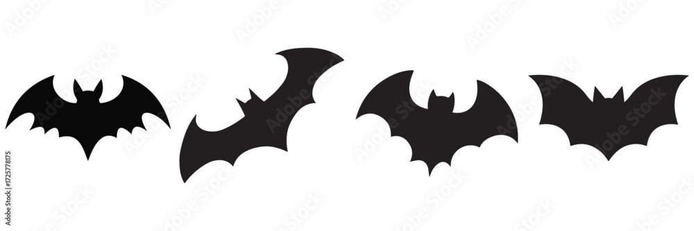 Fototapeta premium Flying Bat Silhouettes Vector Set – Scary Halloween Vampire Icons and Spooky Night Symbols