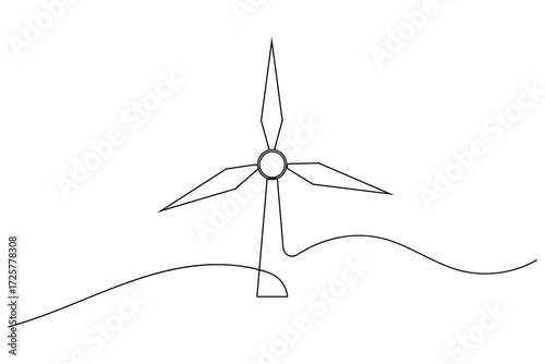 Minimalist one line drawing of a wind turbine symbolizing clean renewable energy and eco friendly design