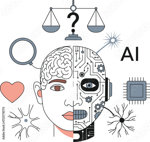 Consciousness human vs machine, AI awareness concept, brain and artificial intelligence, cognitive comparison vector, neural network illustration