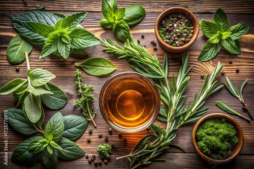 Healthy, organic herbs and spices in a wooden bowl for a fresh, herbal aroma