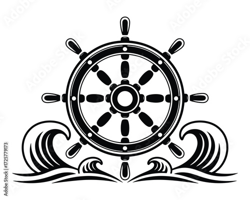 Classic nautical emblem featuring a ship's steering wheel resting on stylized ocean waves, symbolizing adventure, direction, and maritime heritage in a vintage style graphic design