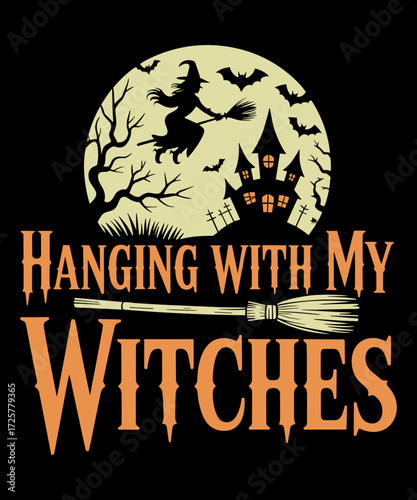 Scary Halloween design with witch witch broom bat