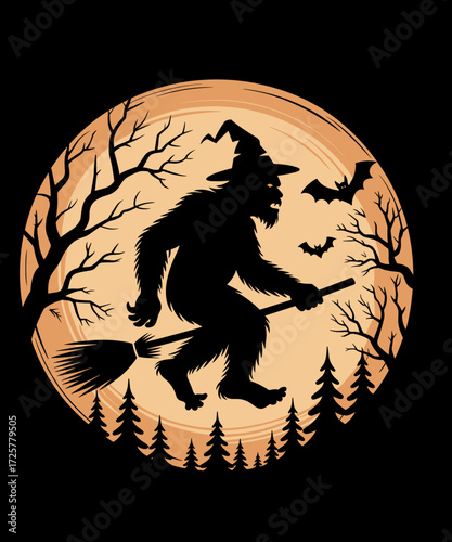 Retro Funny Bigfoot Halloween Spooky Sasquatch Witch Hat Broom