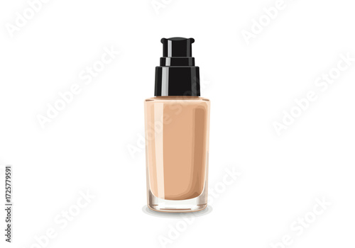 A bottle of beige foundation with a black pump dispenser on a white background