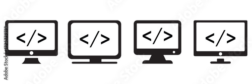 Computer Monitor with Code Symbols – Minimalist Programming and Software Development 
Vector Icon