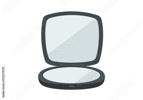 A gray makeup compact open showing a mirror on top and powder on the bottom